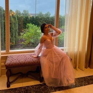 Pink satin and lace prom dress